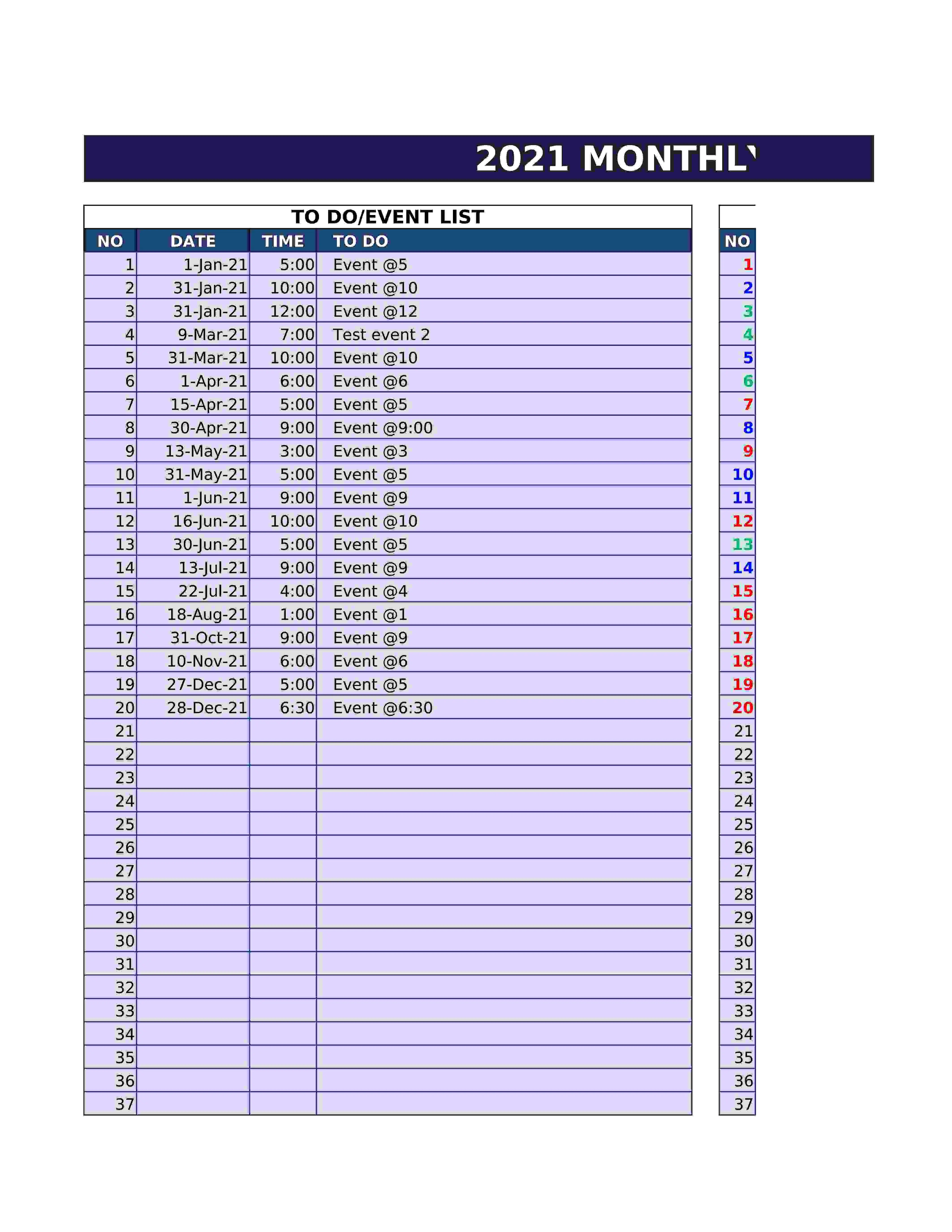 2021 Calendar Model 14   V2 6   Monthly Calendar   Events in Calendar   Sunday