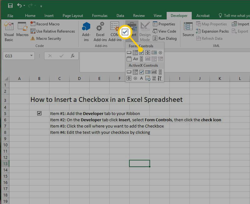 How to insert checkbox in excel 2010